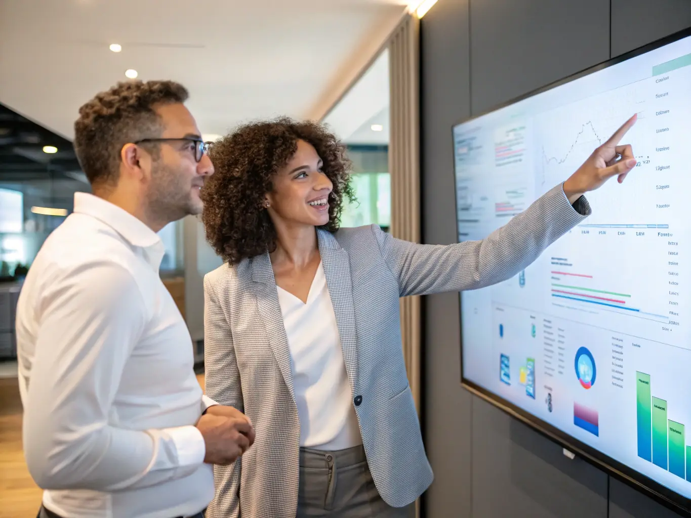 An image of a team collaborating over digital QMS dashboards on a computer screen, showcasing QMS development and optimization processes.